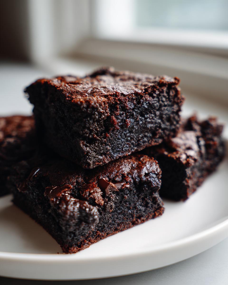 Close-up of fudgy date brownies stacked on a white plate, showing their rich dark color and moist texture.