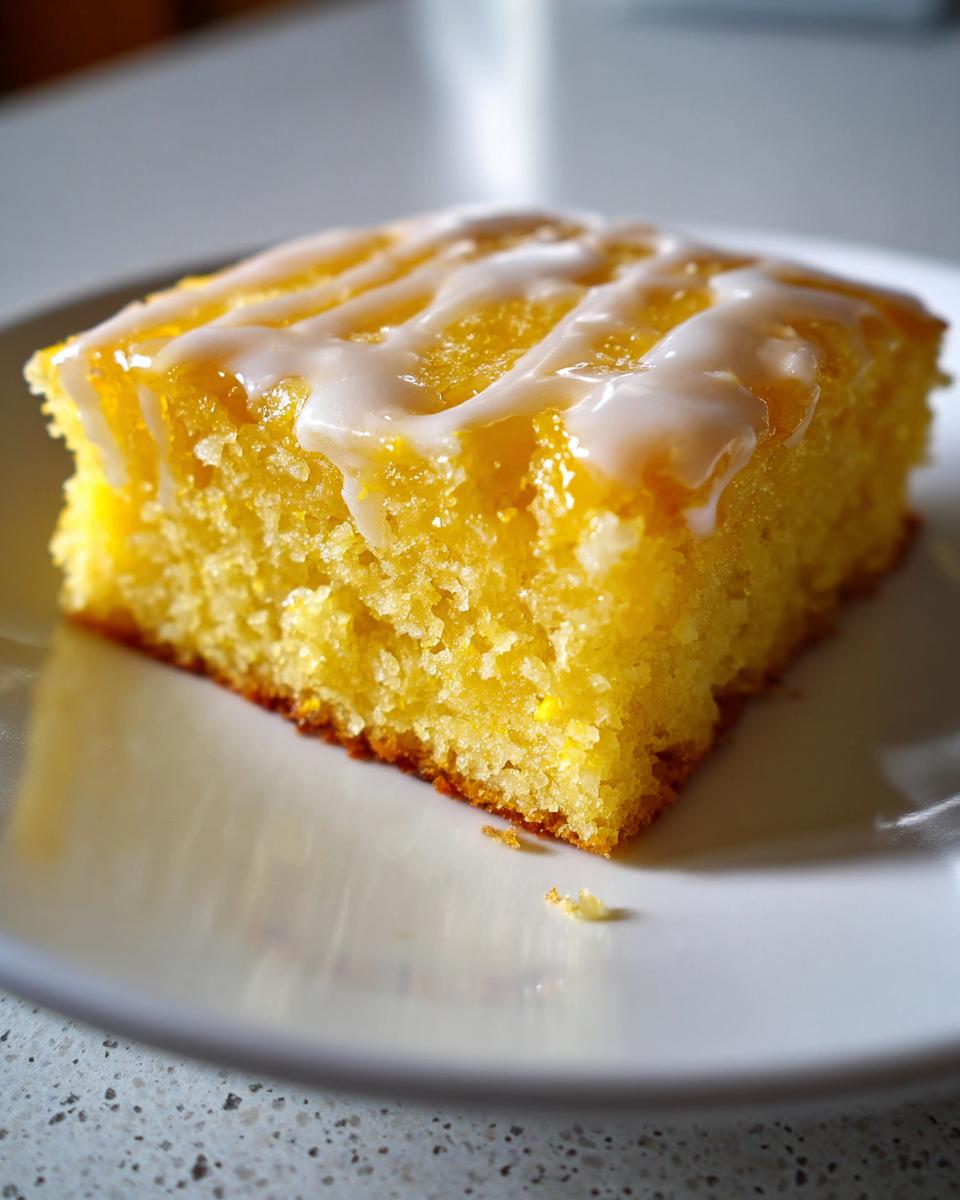 A single square slice of bright yellow fudgy lemon brownies topped with a white lemon glaze drizzle.