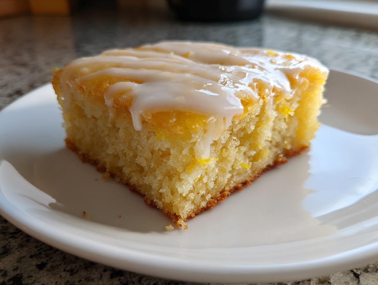 A single square of fudgy lemon brownies topped with a thick, white lemon glaze, sitting on a white plate.
