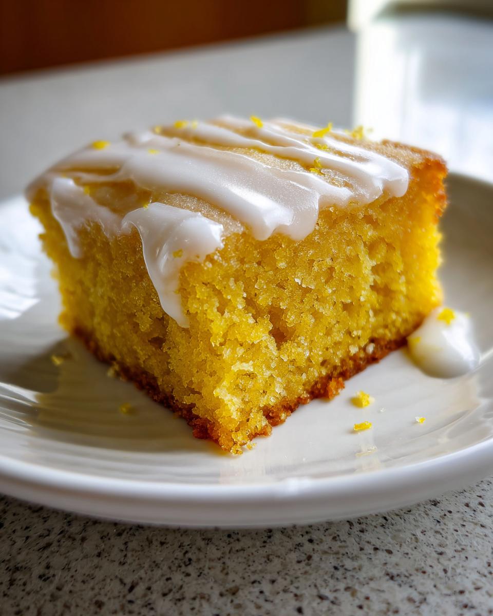 A square slice of bright yellow, fudgy lemon brownies topped with white lemon glaze and zest.
