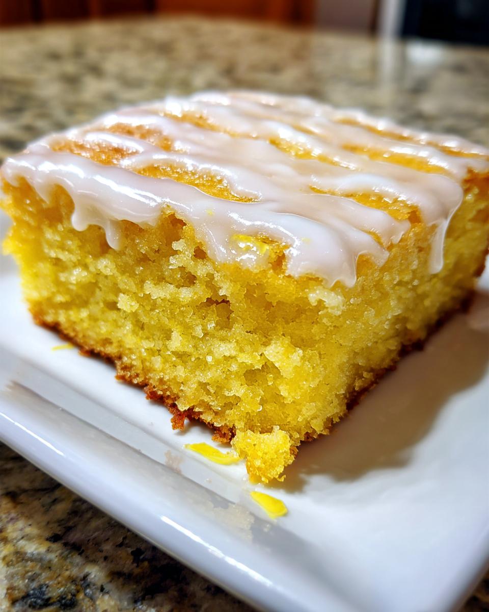 A close-up shot of a single, square portion of fudgy lemon brownies topped with a white, drizzled glaze.