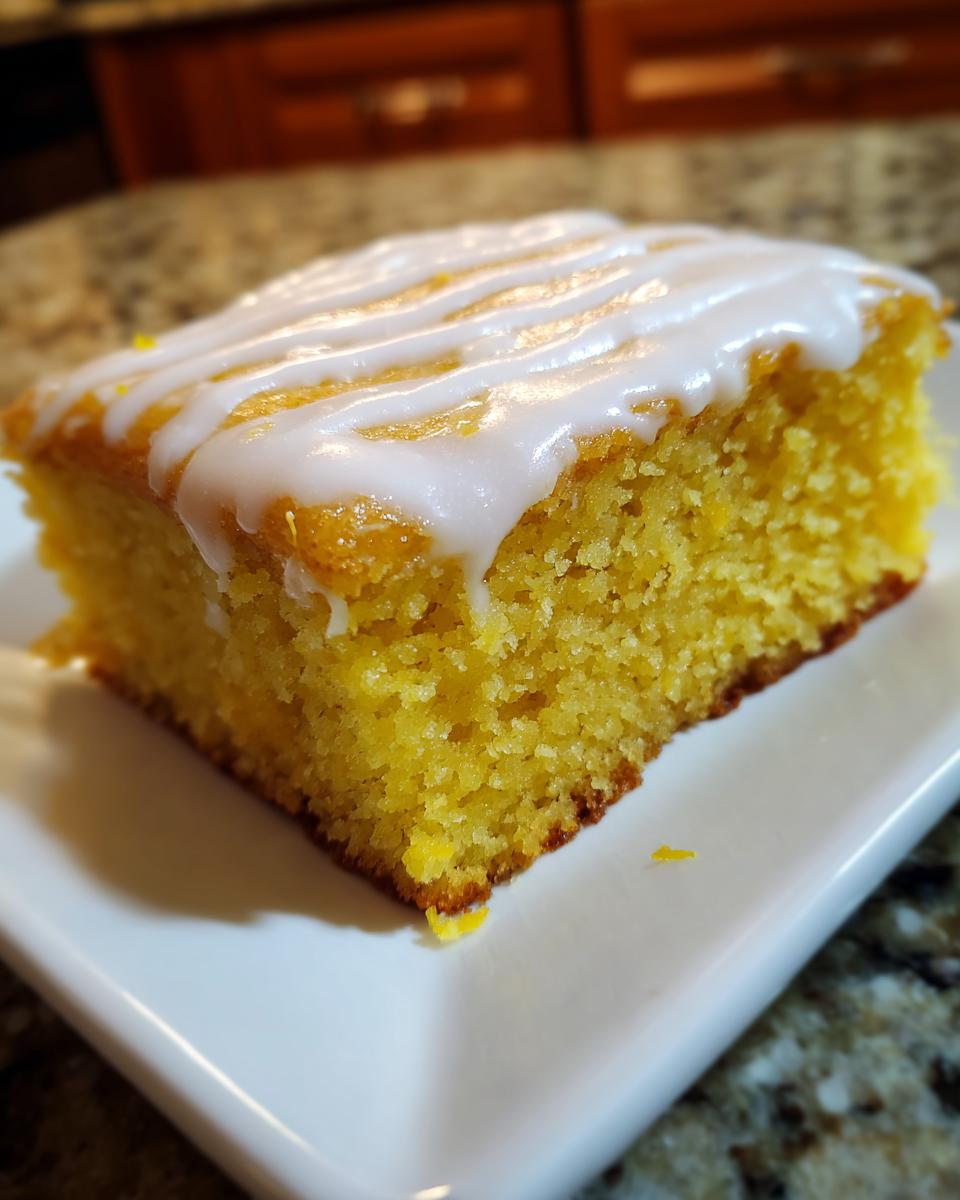 A close-up shot of a single square of bright yellow, fudgy lemon brownies topped with a white lemon glaze drizzle.