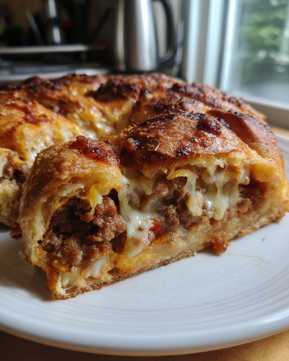 A slice of baked garbage bread showing a rich, meaty filling and melted cheese oozing out.
