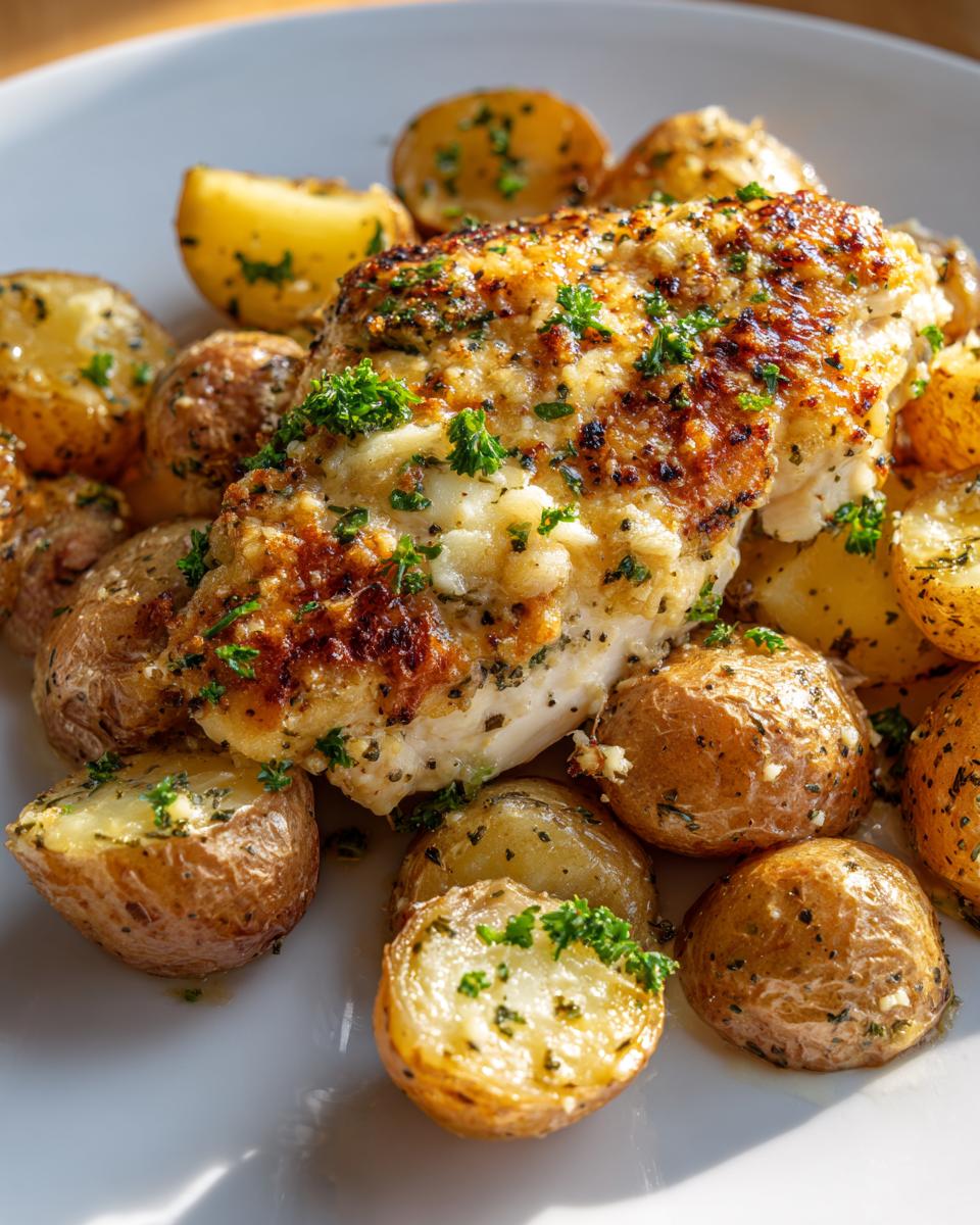 Close-up of a baked chicken breast topped with melted cheese and herbs, served with roasted small potatoes, featuring the garlic parmesan chicken and potatoes.