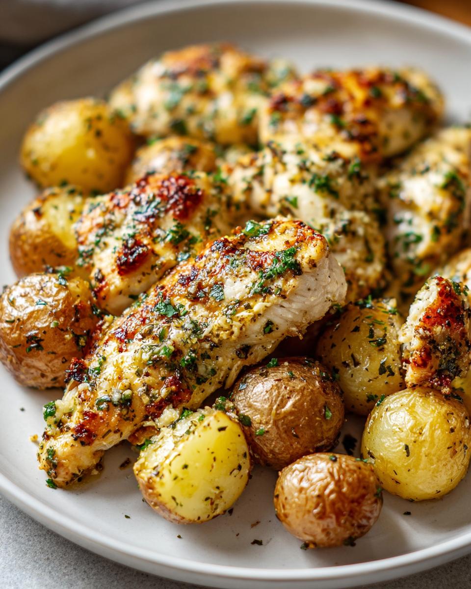 Close-up of pan-seared garlic parmesan chicken and roasted baby potatoes seasoned with herbs.