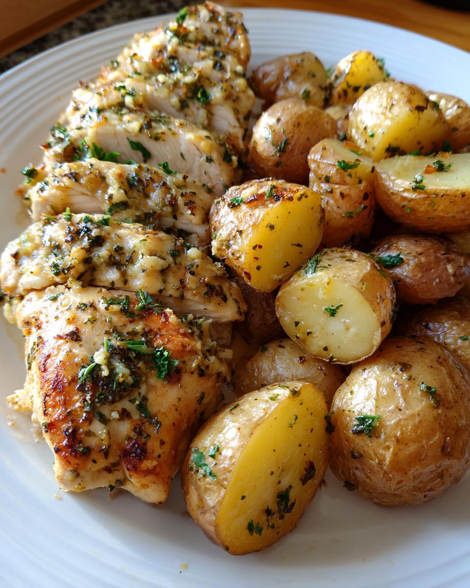 A close-up of sliced garlic parmesan chicken and roasted potatoes seasoned with herbs on a white plate.