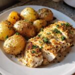 A white plate featuring sliced garlic parmesan chicken and roasted baby potatoes, garnished with parsley.