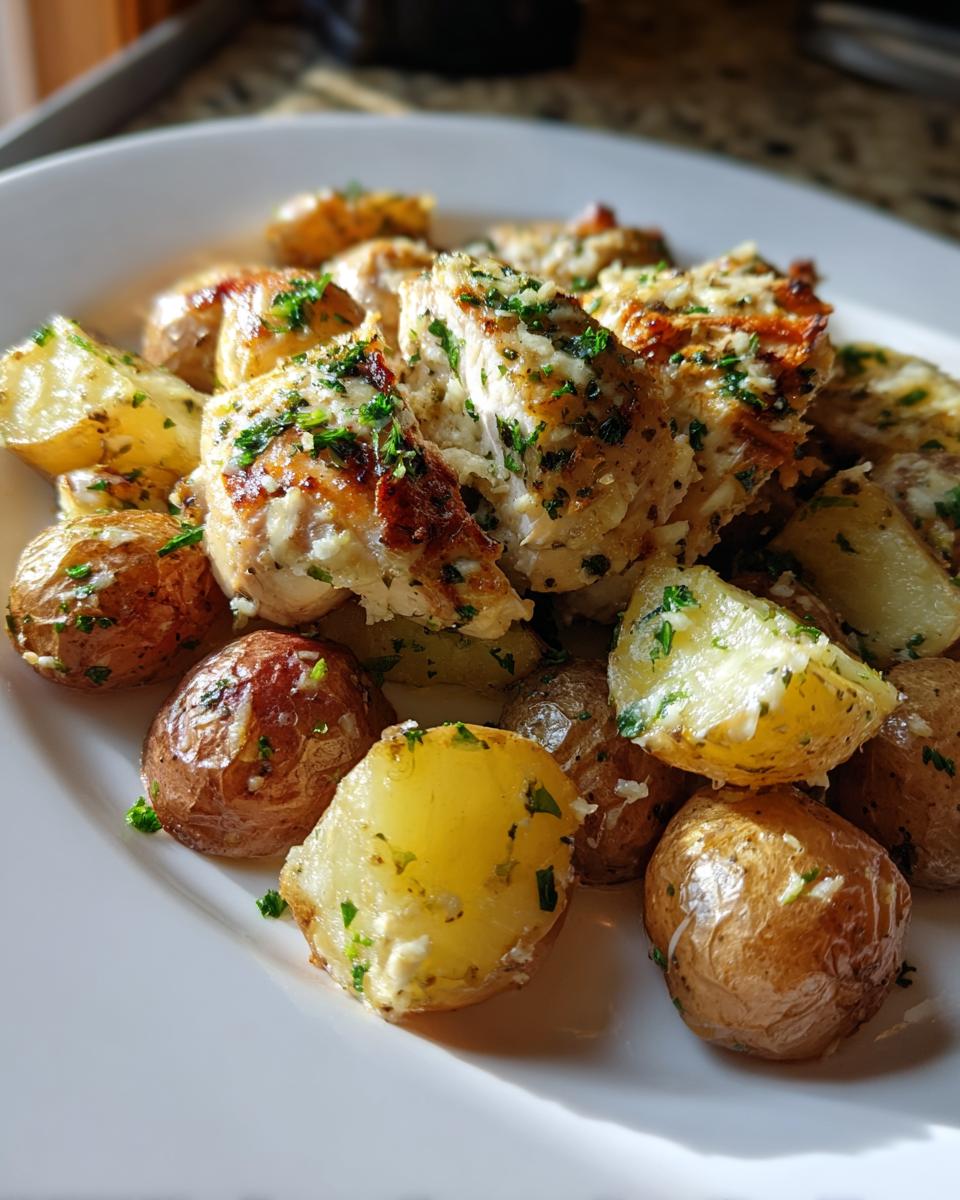 Close-up of sliced garlic parmesan chicken and roasted potatoes seasoned with herbs on a white plate.