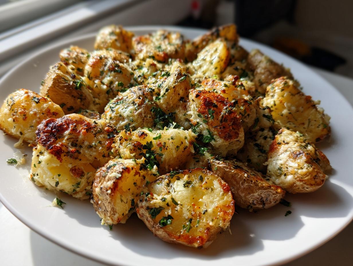 Close-up of roasted garlic parmesan chicken and potatoes side dish, topped with melted cheese and parsley.