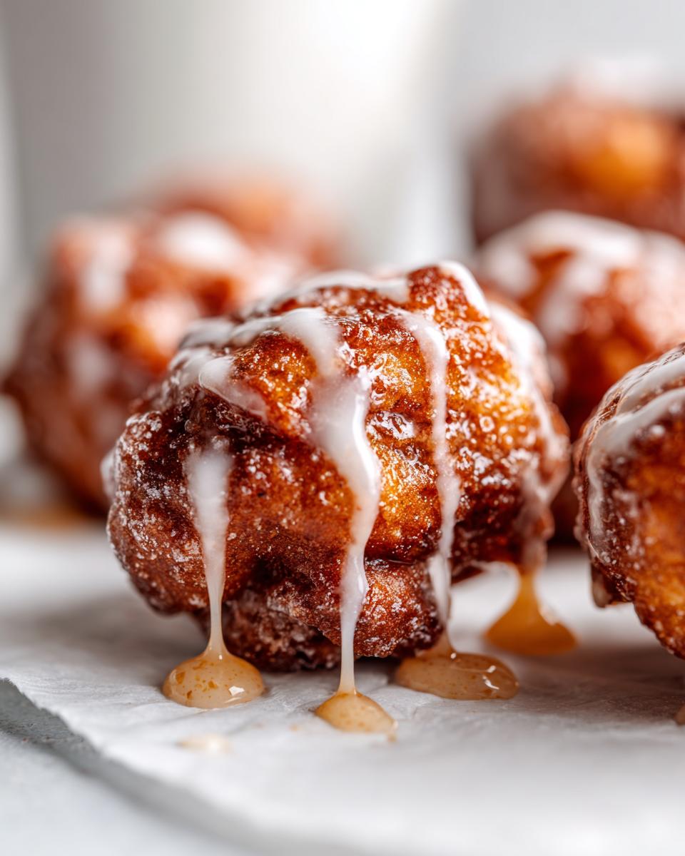 A close-up of a golden brown, textured apple fritter generously drizzled with white glaze dripping onto parchment paper.