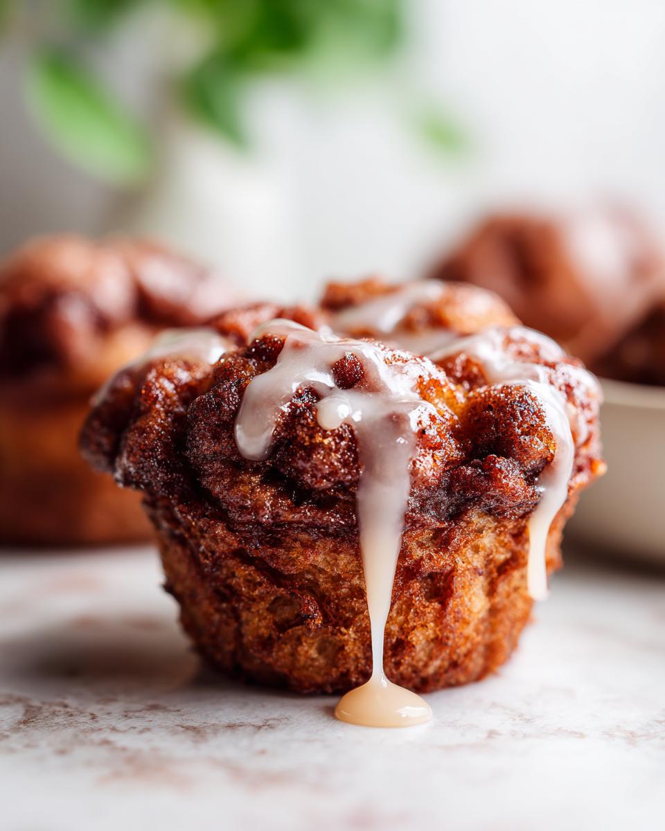 Close-up of a golden brown, textured apple fritter drizzled with thick white glaze.