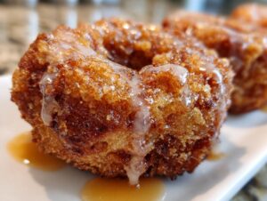 Close-up of a perfectly fried, golden brown apple fritter covered in a sweet white glaze and sitting in a pool of caramel sauce.