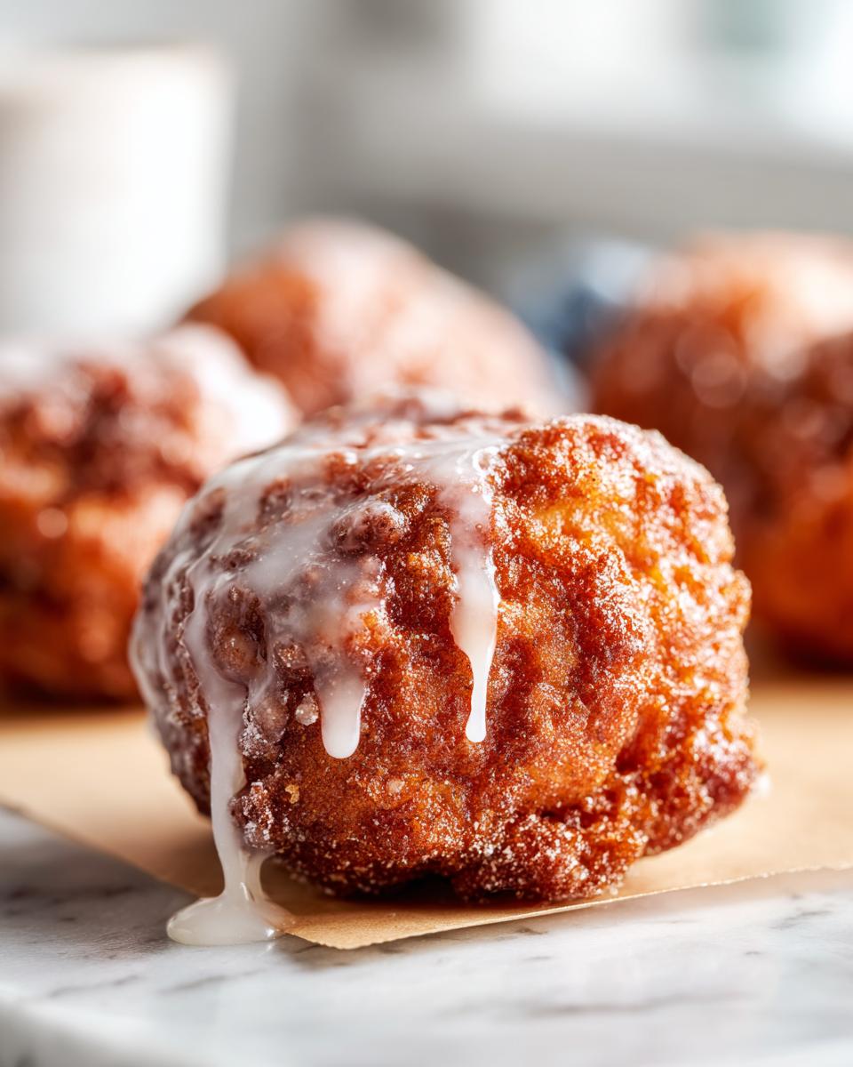 Close-up of a freshly fried, golden brown apple fritter drizzled with thick white glaze.