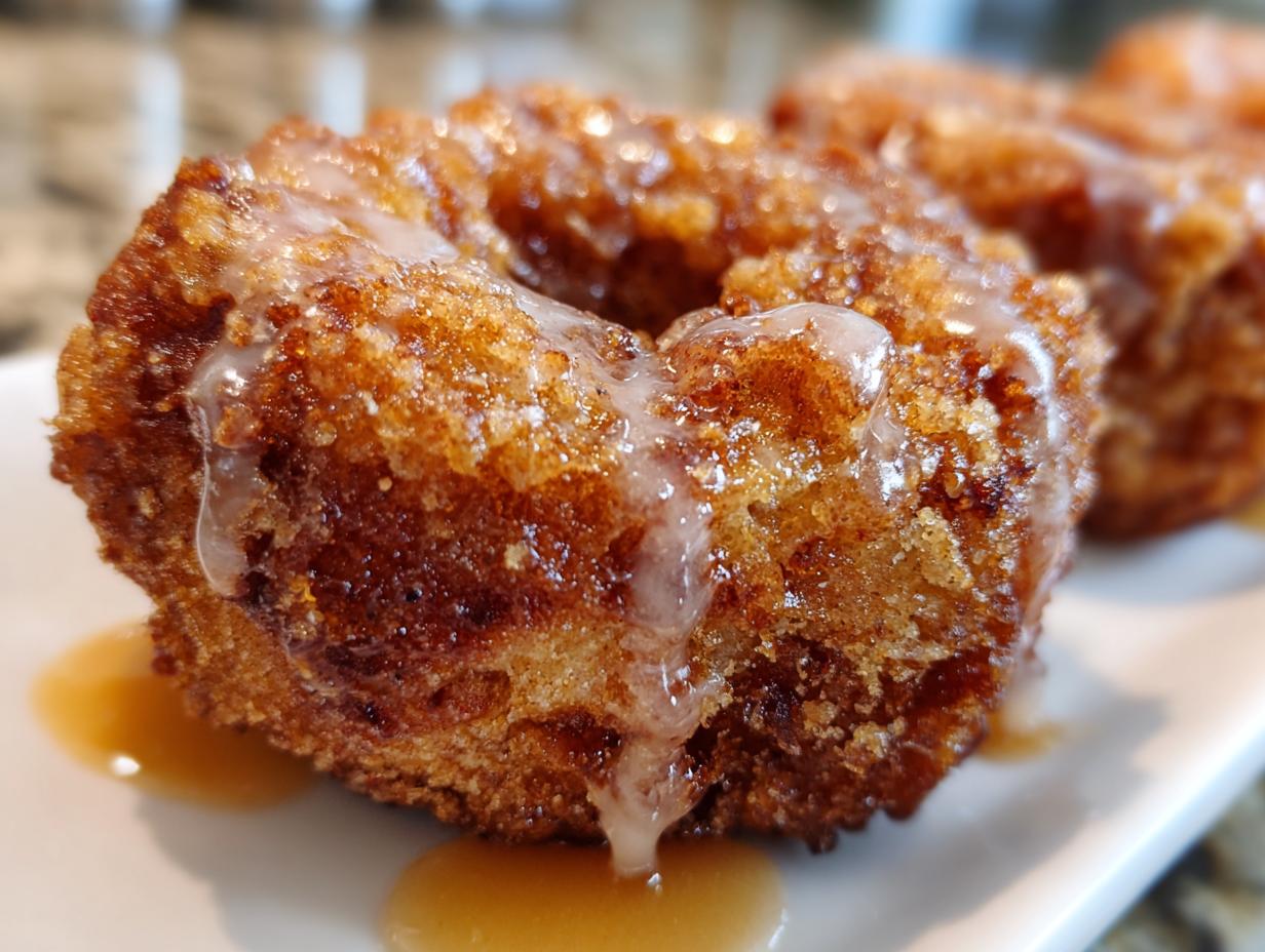 Close-up of a perfectly fried, golden brown apple fritter covered in a sweet white glaze and sitting in a pool of caramel sauce.