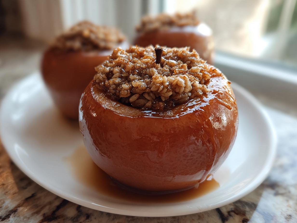 Close-up of a glazed baked apple filled with a brown sugar and oat crumble topping, resting on a white plate.