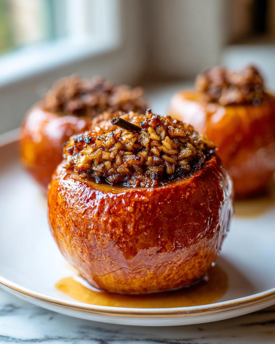 Close-up of a perfectly glazed baked apple stuffed with a brown sugar and rice filling.