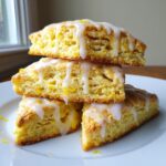 A stack of four triangular lemon scones topped with a sweet white glaze and zest.