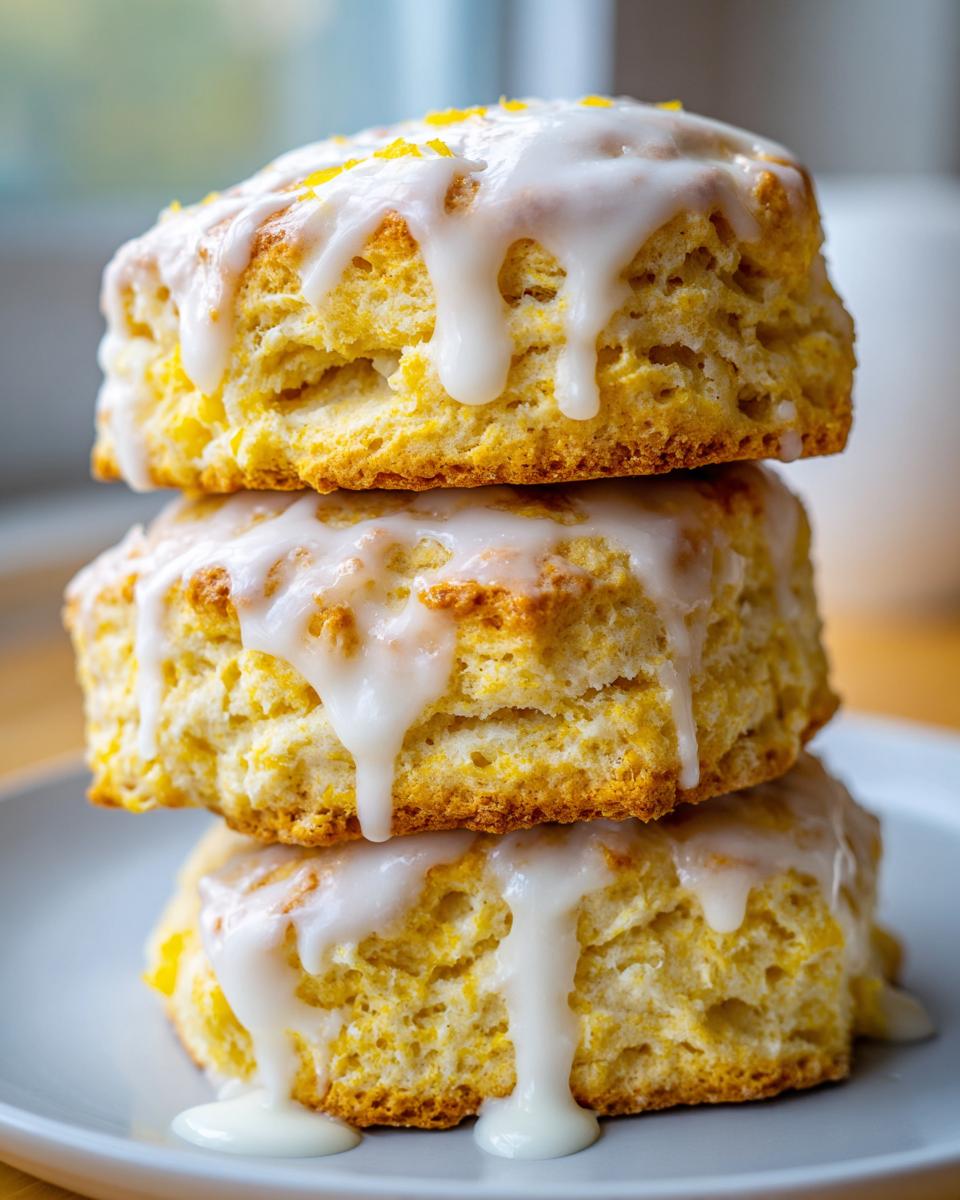 Three fluffy lemon scones stacked high, drizzled with thick white glaze and sprinkled with lemon zest.