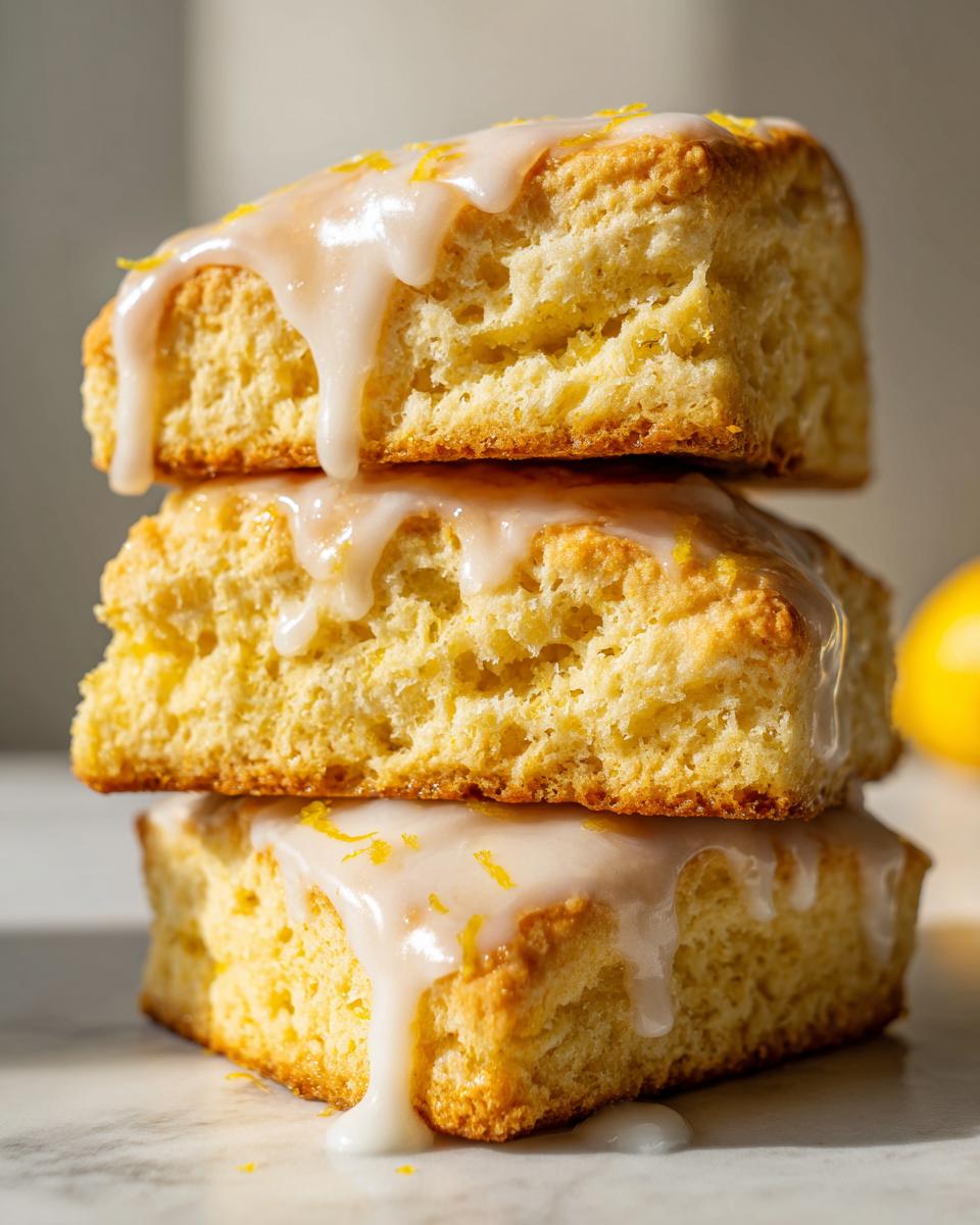 Three perfectly baked lemon scones stacked and dripping with sweet lemon glaze and zest.