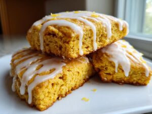 Close-up of three stacked, golden lemon scones drizzled with white glaze and topped with zest.