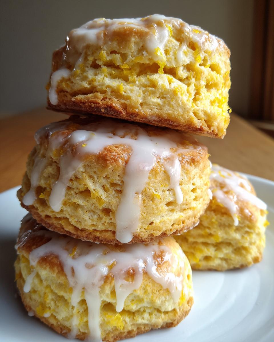 A stack of three fluffy lemon scones topped with a thick, dripping lemon glaze and visible zest.