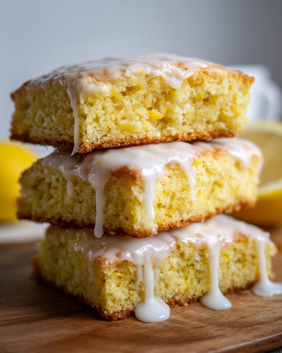 Three square lemon scones stacked and drizzled with thick white lemon glaze.