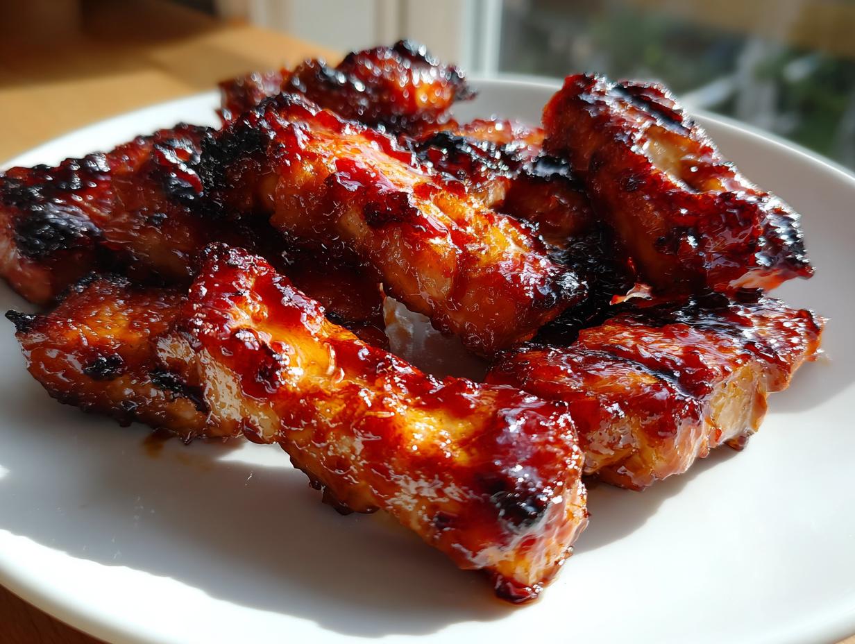 Close-up of glazed, caramelized meat pieces generously coated in shiny homemade teriyaki sauce on a white plate.
