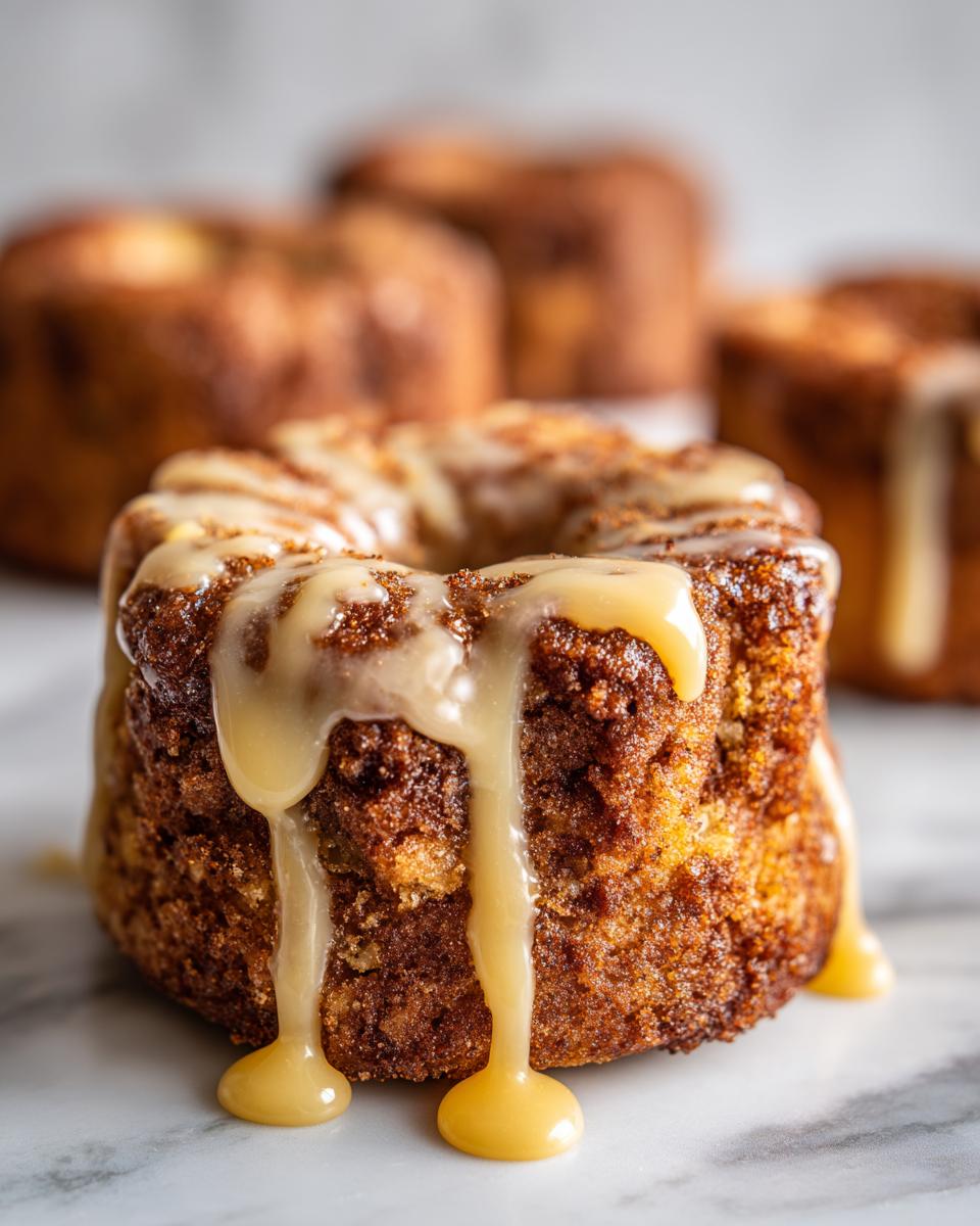 Close-up of a mini apple fritter cake topped with thick, dripping vanilla glaze.