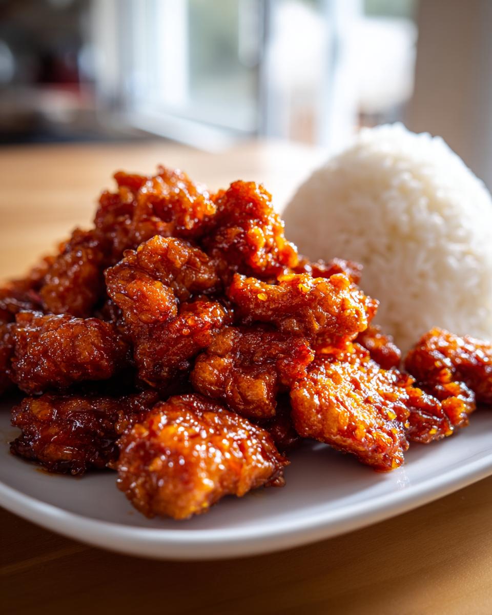Close-up of crispy, glazed orange chicken recipe pieces served next to a dome of white steamed rice on a white plate.