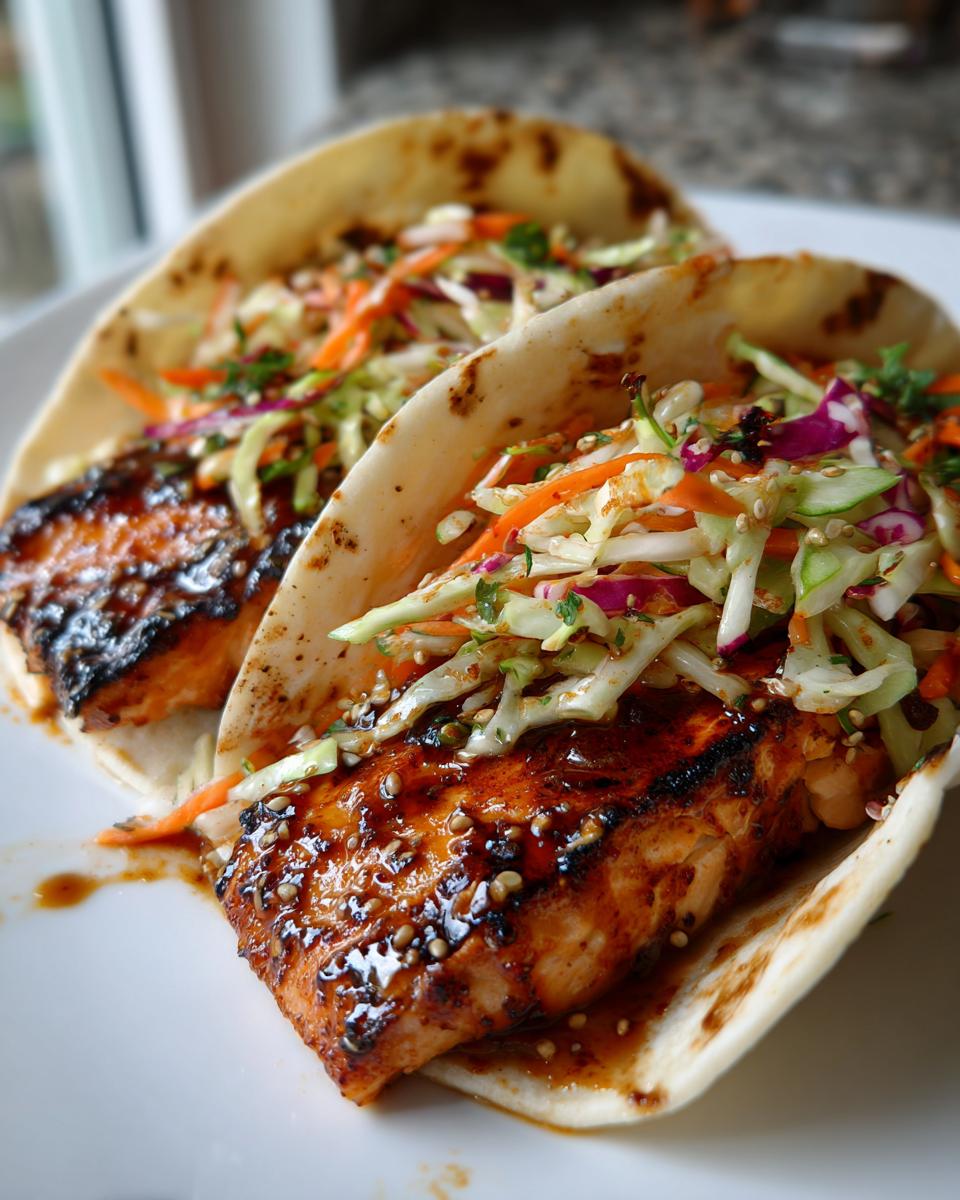 Two delicious salmon tacos featuring glazed salmon fillets topped with colorful coleslaw and sesame seeds.