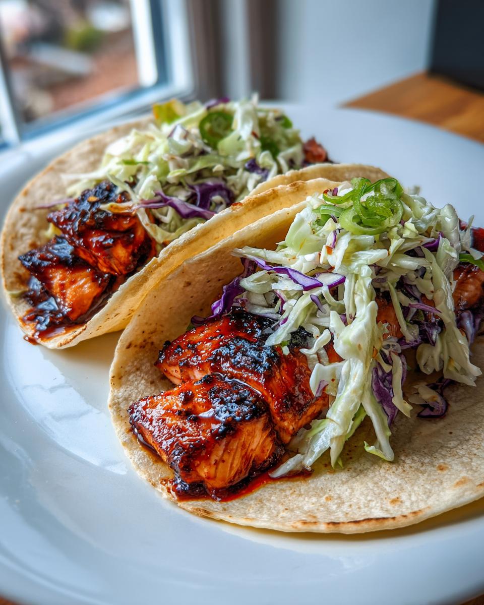 Two delicious salmon tacos filled with glazed salmon chunks and colorful slaw, ready to eat.