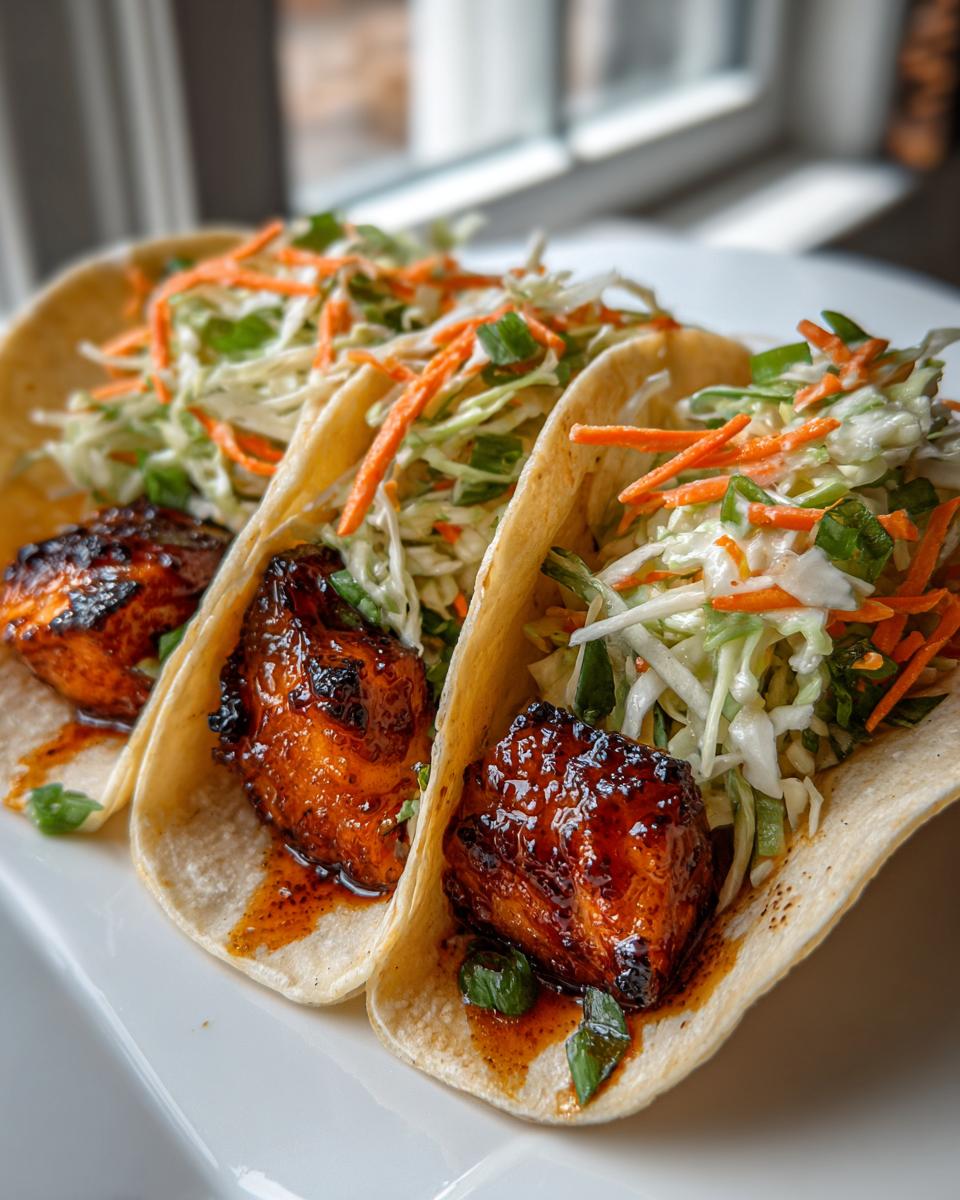 Close-up of three soft tortilla salmon tacos filled with glazed salmon chunks and a fresh slaw topping.