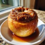 A close-up of a single, glistening baked apple topped with a rich brown sugar and spice filling, sitting in its own syrup.