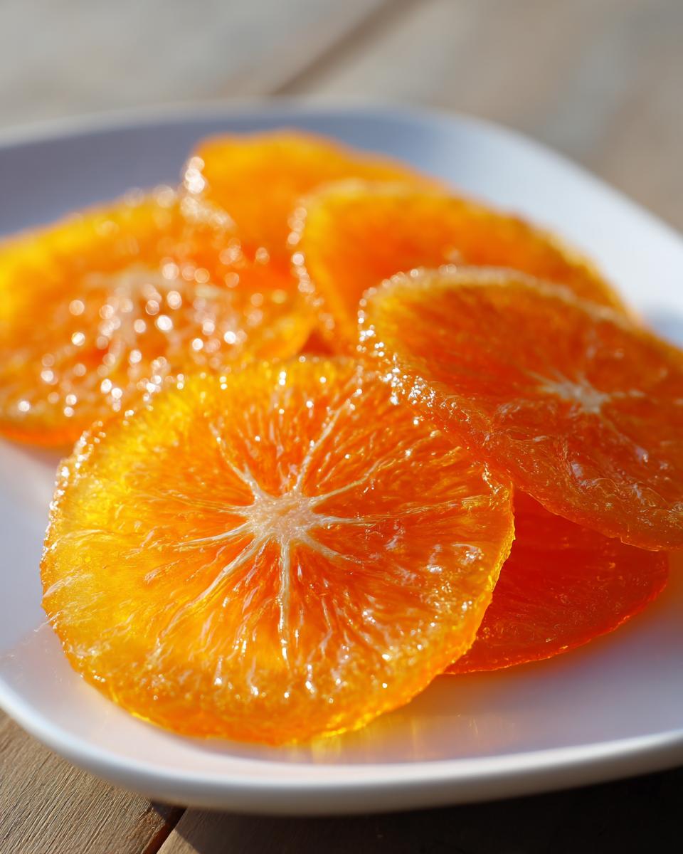 Close-up, bright image of glistening candied orange slices arranged on a white plate.