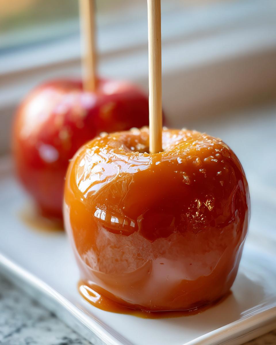A glossy, thick caramel apple coated in sticky caramel and sprinkled with sugar, ready to eat.