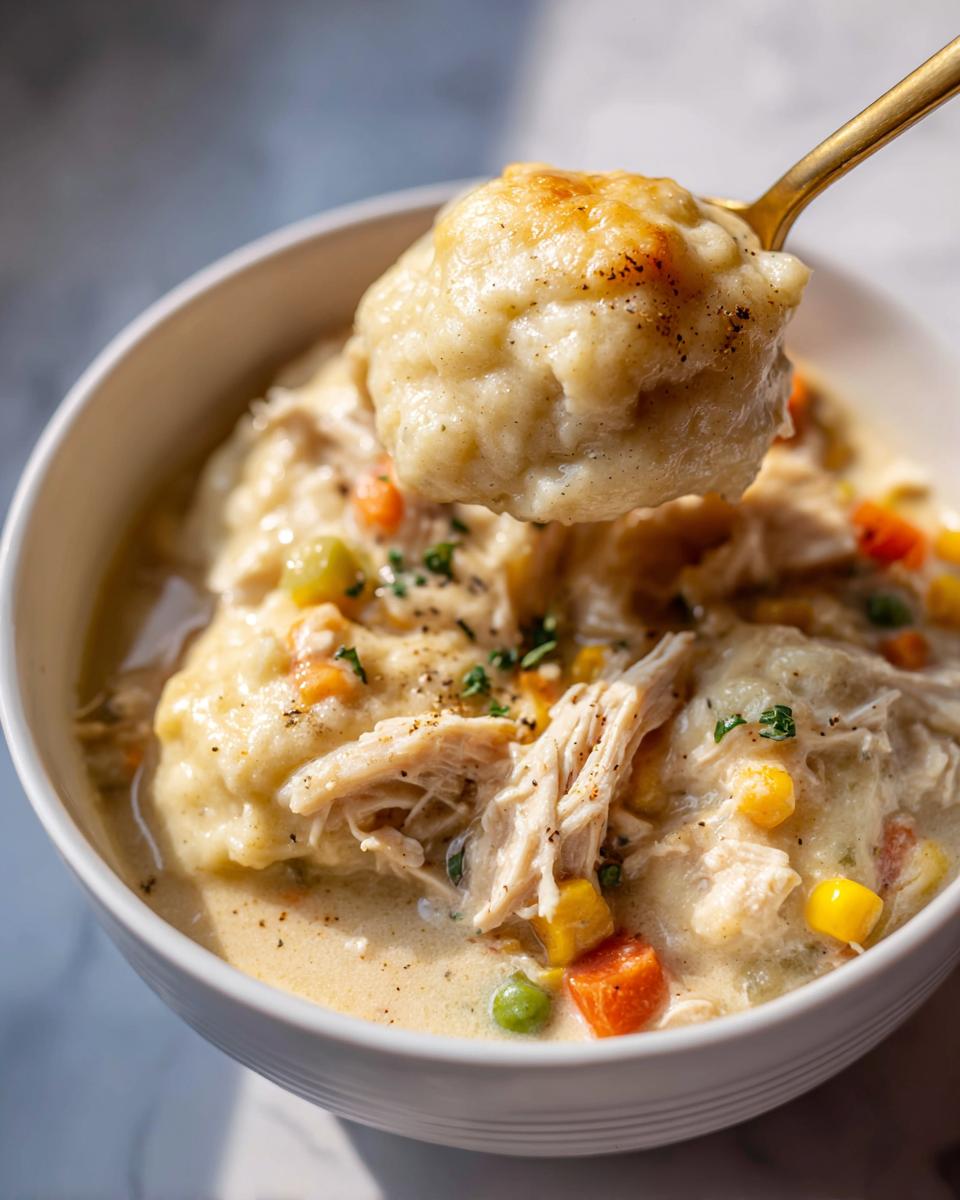 A golden spoon lifts a fluffy dumpling from a bowl of creamy chicken and dumpling stew with visible shredded chicken and mixed vegetables.