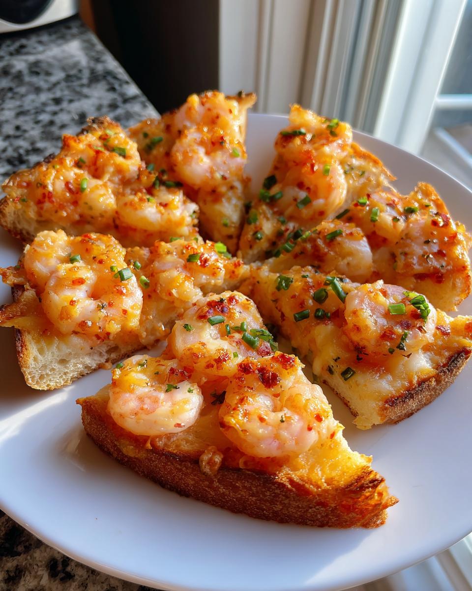 Several golden-brown pieces of shrimp toast topped with succulent shrimp and chives, arranged on a white plate.