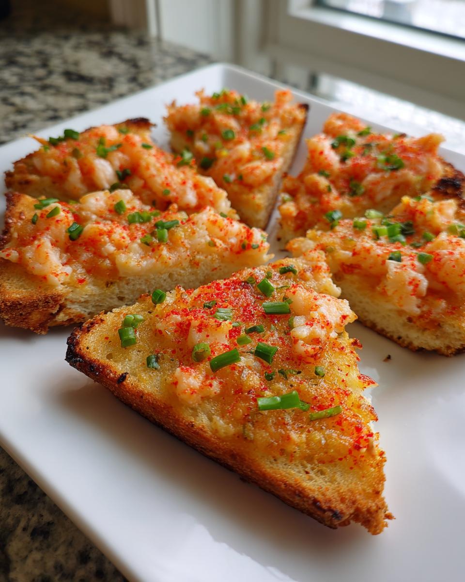 Five triangular pieces of golden brown shrimp toast topped with creamy shrimp mixture, red spice, and chopped chives.
