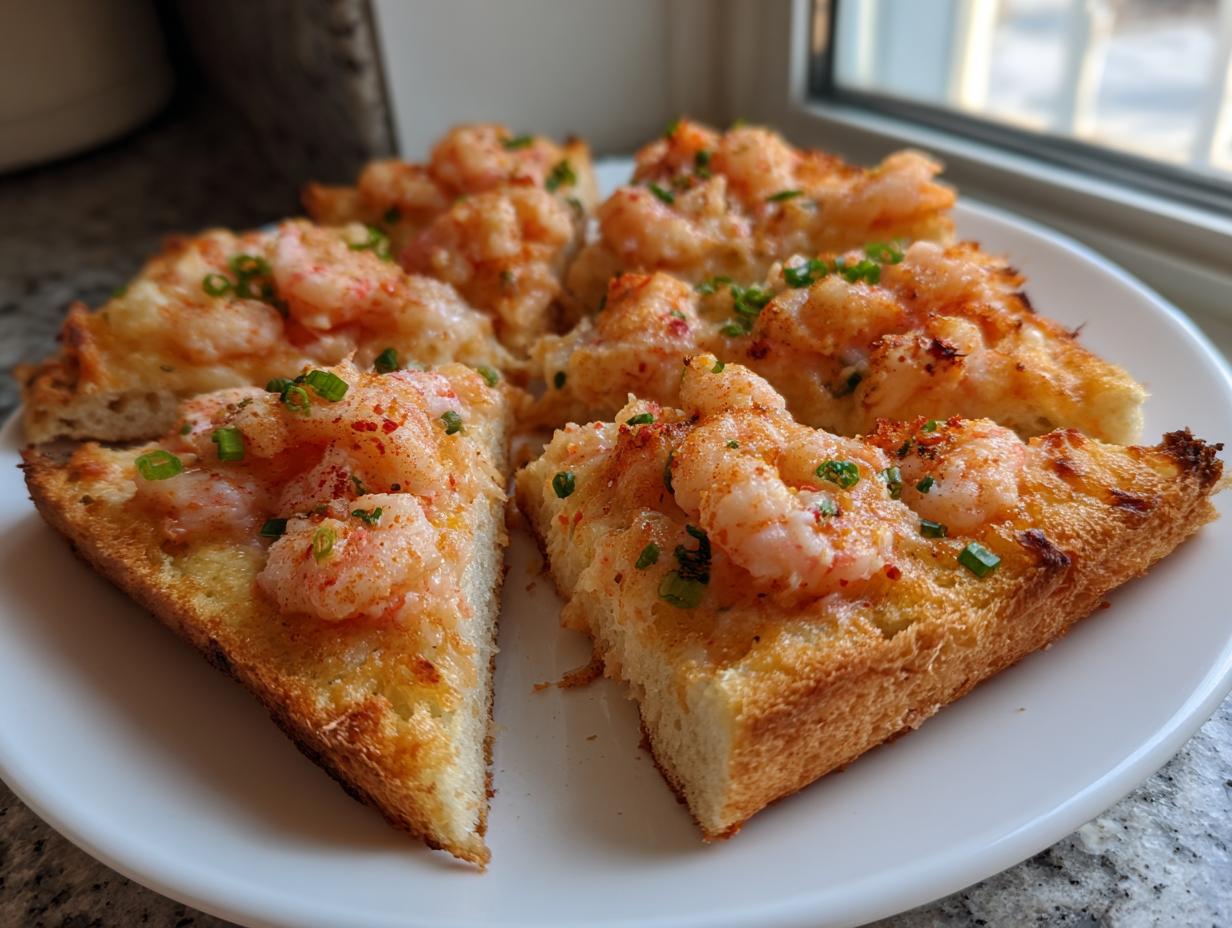 Close-up of golden brown shrimp toast triangles topped with pink shrimp and green chives, served on a white plate.