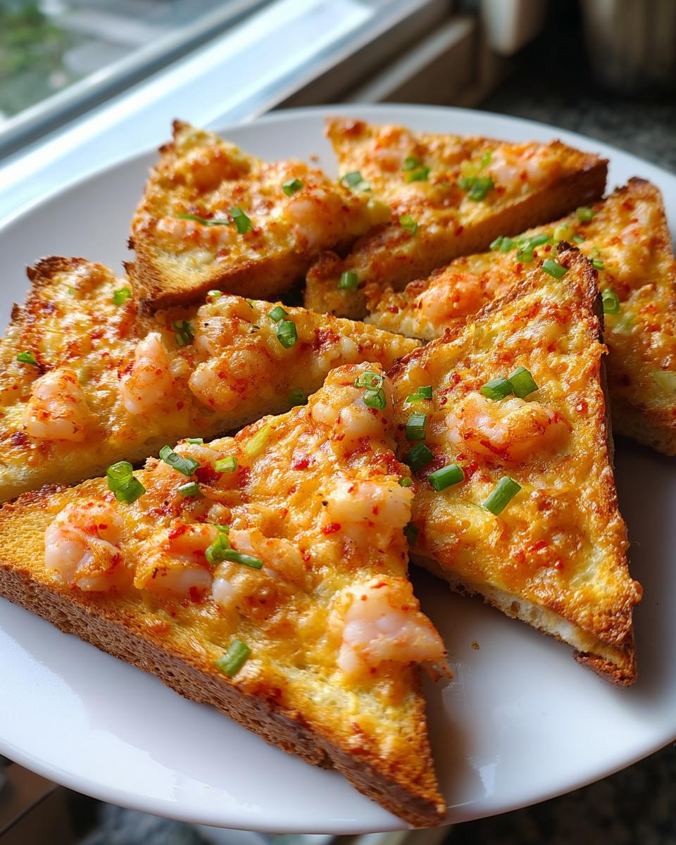 Close-up of golden-brown shrimp toast triangles topped with shrimp and green onions on a white plate.