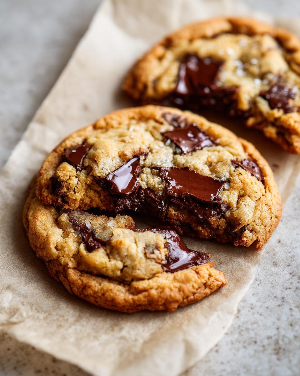 Close-up of gooey homemade chocolate chip cookies, one broken open, topped with melted chocolate chunks and sea salt.