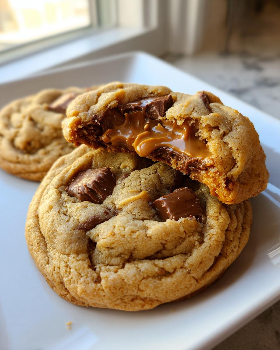 Close-up of gooey peanut butter cup cookies, one broken open revealing a melted peanut butter and chocolate center.