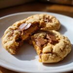 Close-up of a peanut butter cup cookie broken in half, showing melted chocolate and gooey peanut butter filling.