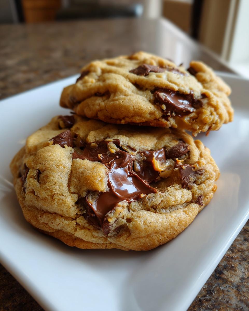 Two gooey peanut butter cup cookies stacked on a white plate with melted chocolate centers.