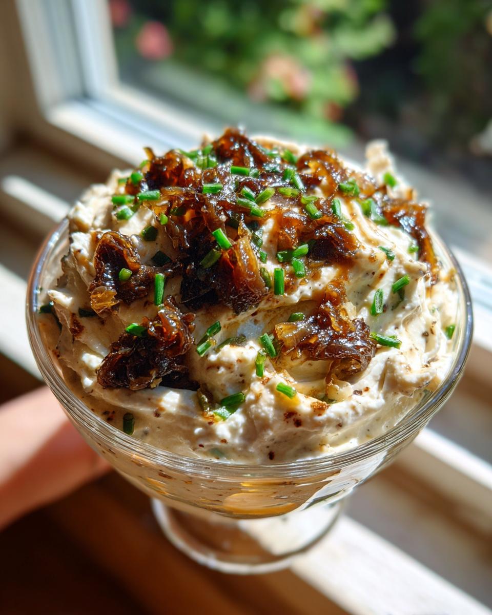 A creamy homemade onion dip topped with rich caramelized onions and fresh chives.