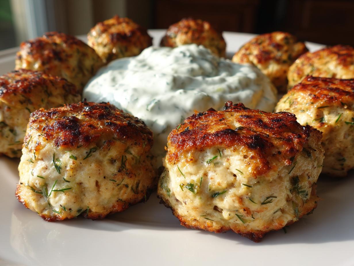 Close-up of golden brown greek chicken meatballs arranged around a bowl of creamy tzatziki sauce.