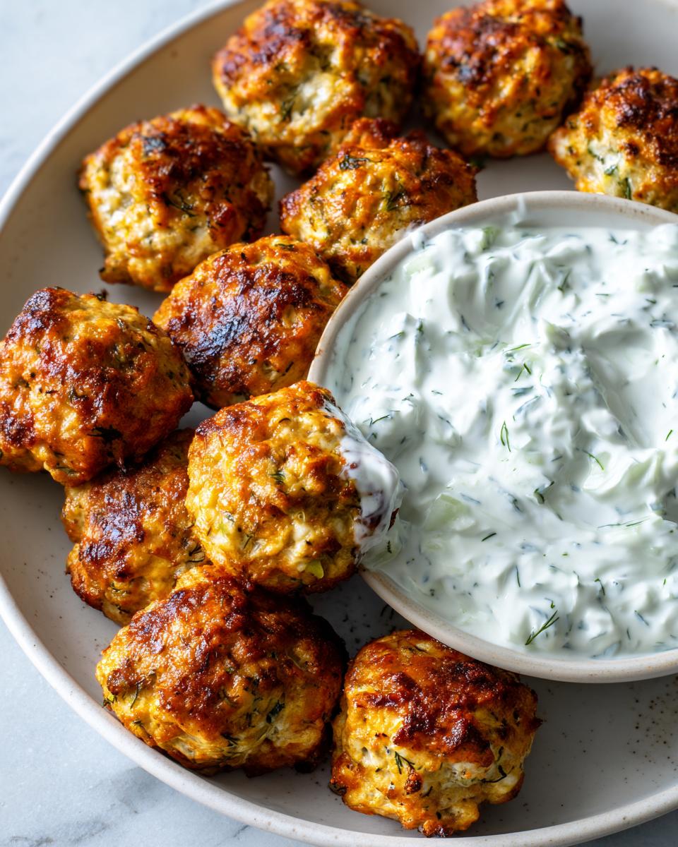 A plate of golden brown greek chicken meatballs served with a side bowl of creamy tzatziki sauce.