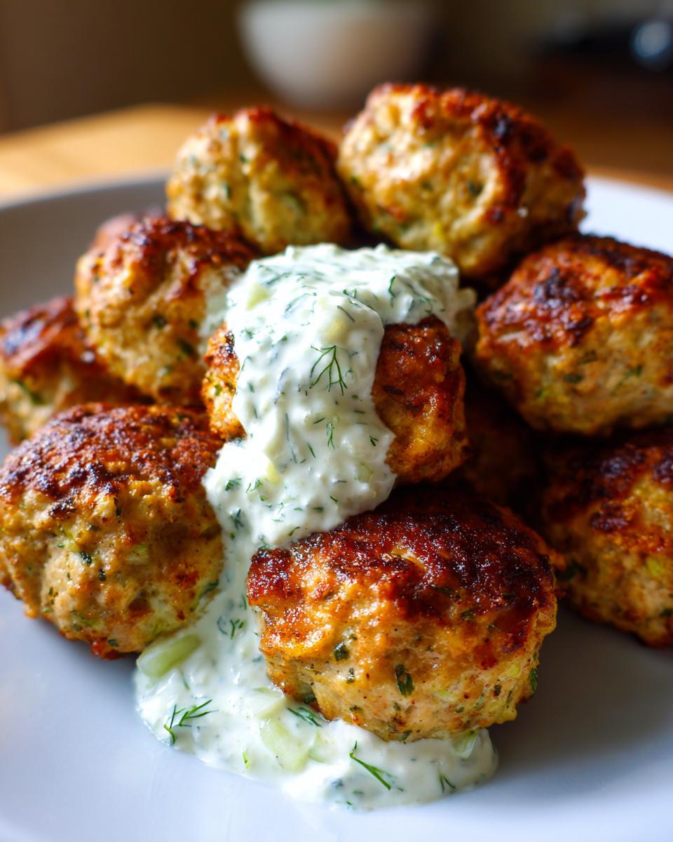 A close-up of golden-brown greek chicken meatballs piled on a white plate, topped with creamy tzatziki sauce.