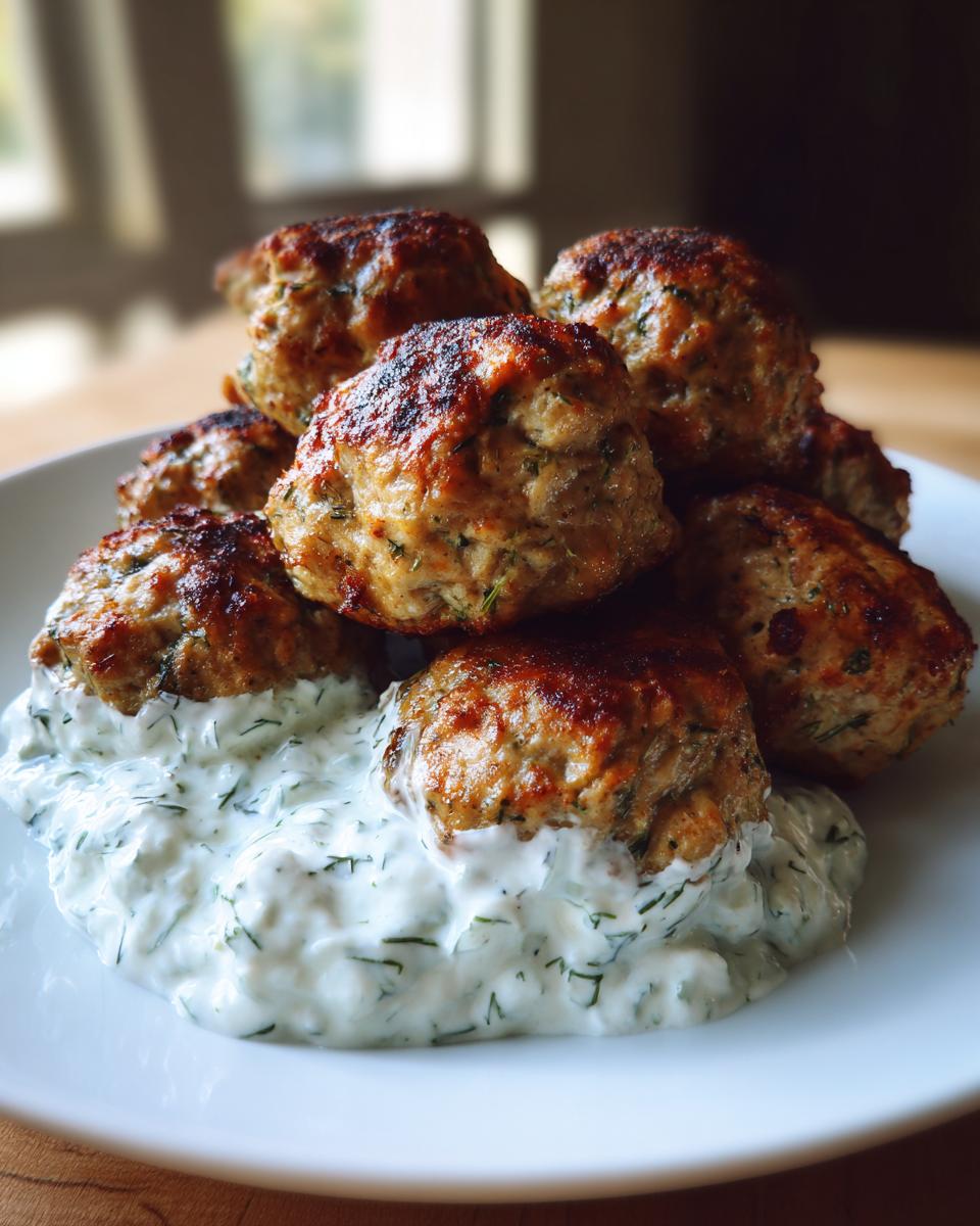 A stack of perfectly browned greek chicken meatballs resting on a bed of creamy tzatziki sauce.