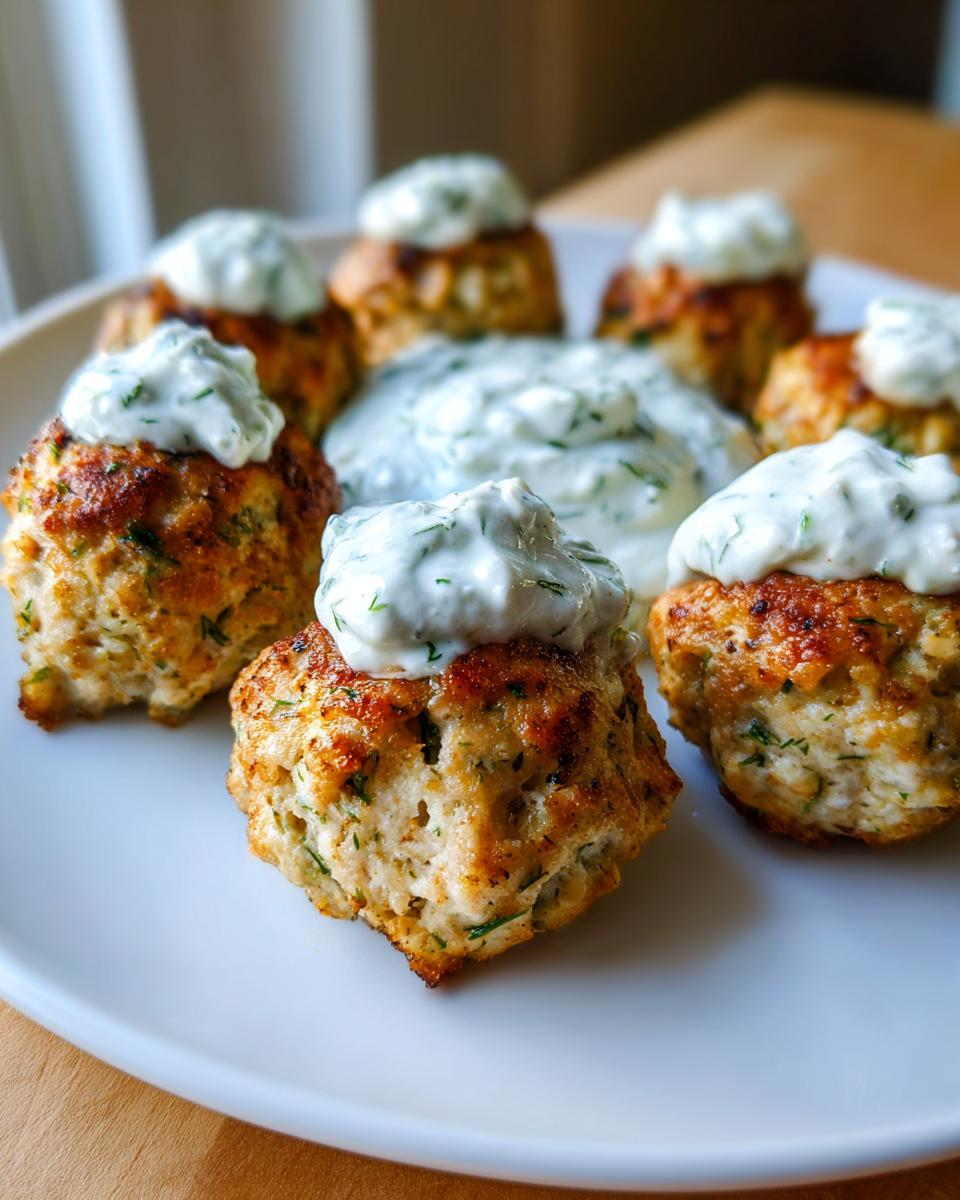 Close-up of golden brown greek chicken meatballs topped with creamy tzatziki sauce on a white plate.